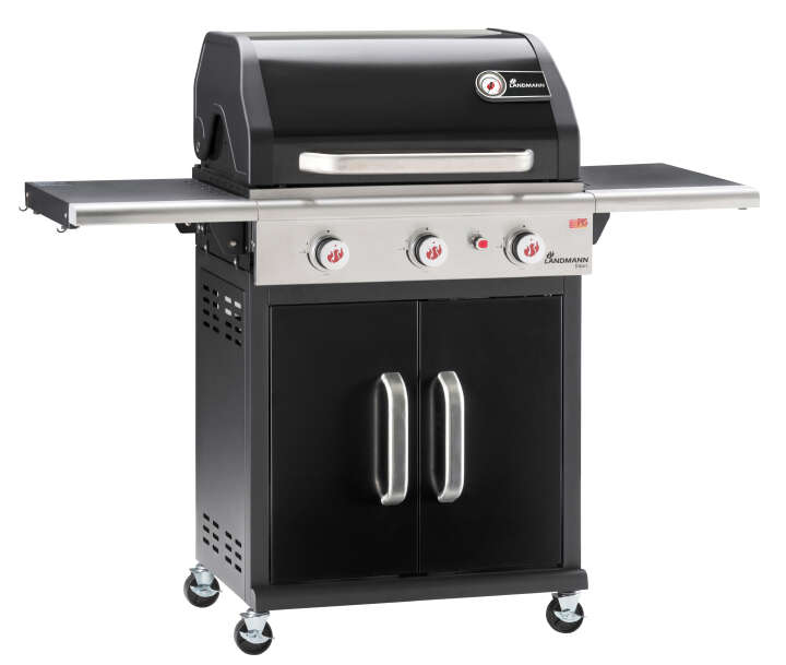 8740386---12932_2019_E_zuendung Schwarzer Gasgrill mit Edelstahl-Elementen und zwei seitlichen Ablageflächen, auf Rollen beweglich.